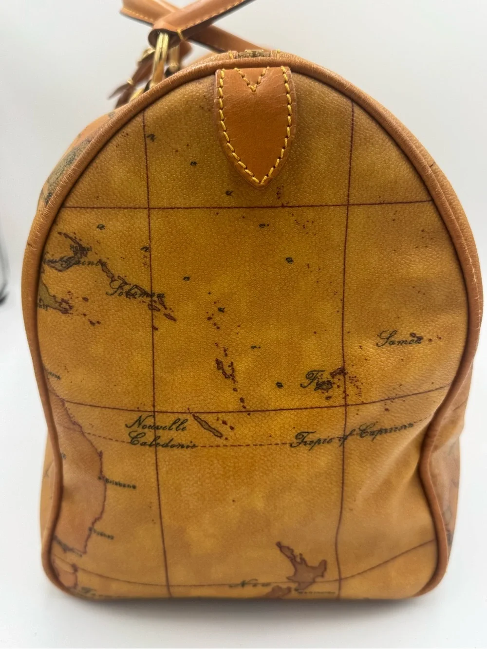Alviero Martini Map-Print Leather Duffel Weekender w/ Luggage Tag & Lock 2 Keys